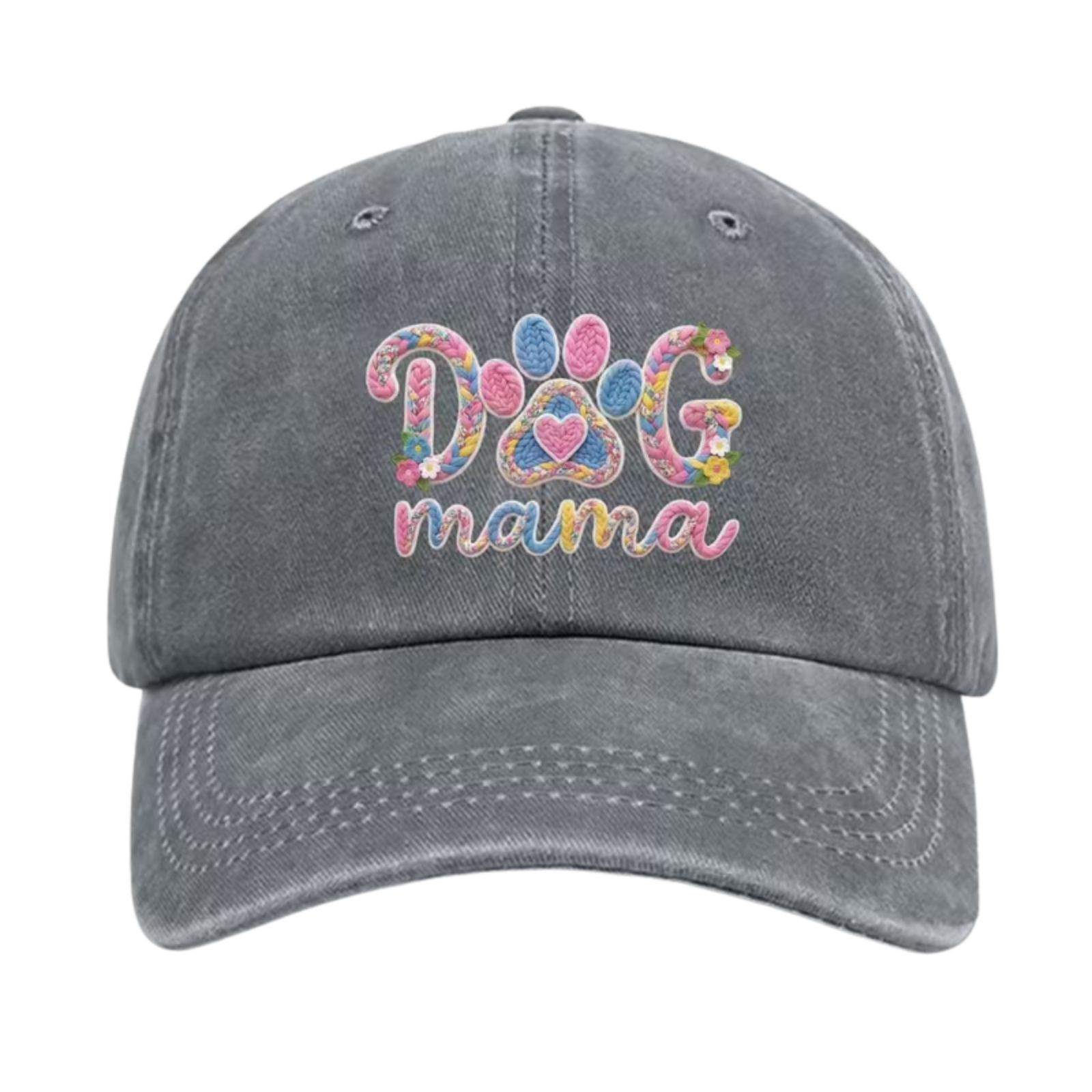 A light gray washed baseball cap featuring a colorful embroidered 'DOG mama' design on the front, with a paw print motif inside the letters, shown against a plain white background.