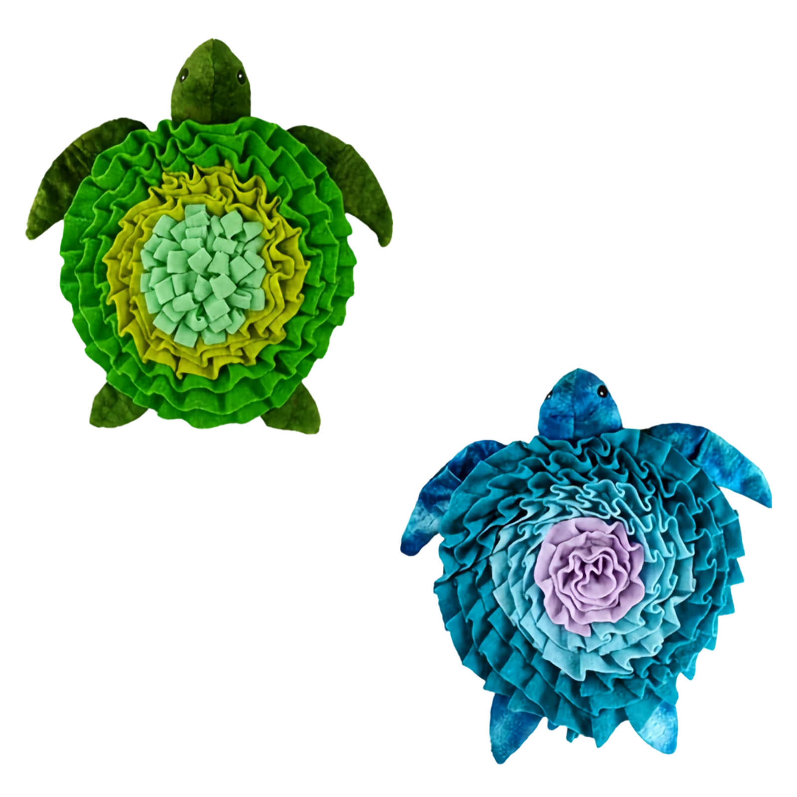 Two sea turtle plush toys, one green and one blue with a purple center, on a white background
