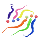 Six multicolored worm-shaped plush cat toys with rubber ball on the end on a white background.