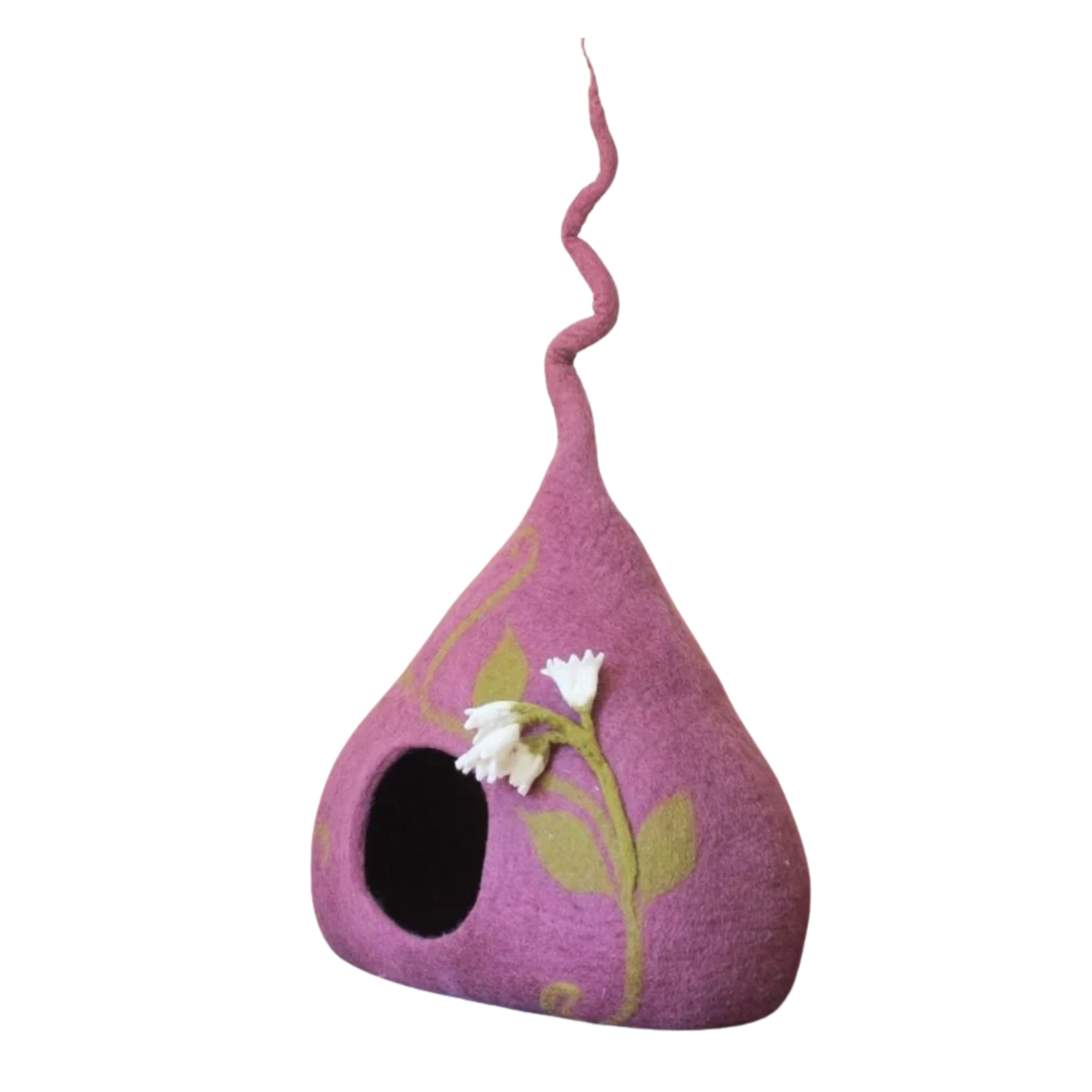 A purple cone-shaped felt pet cave with a green and white flower design on the side displayed on a white background.