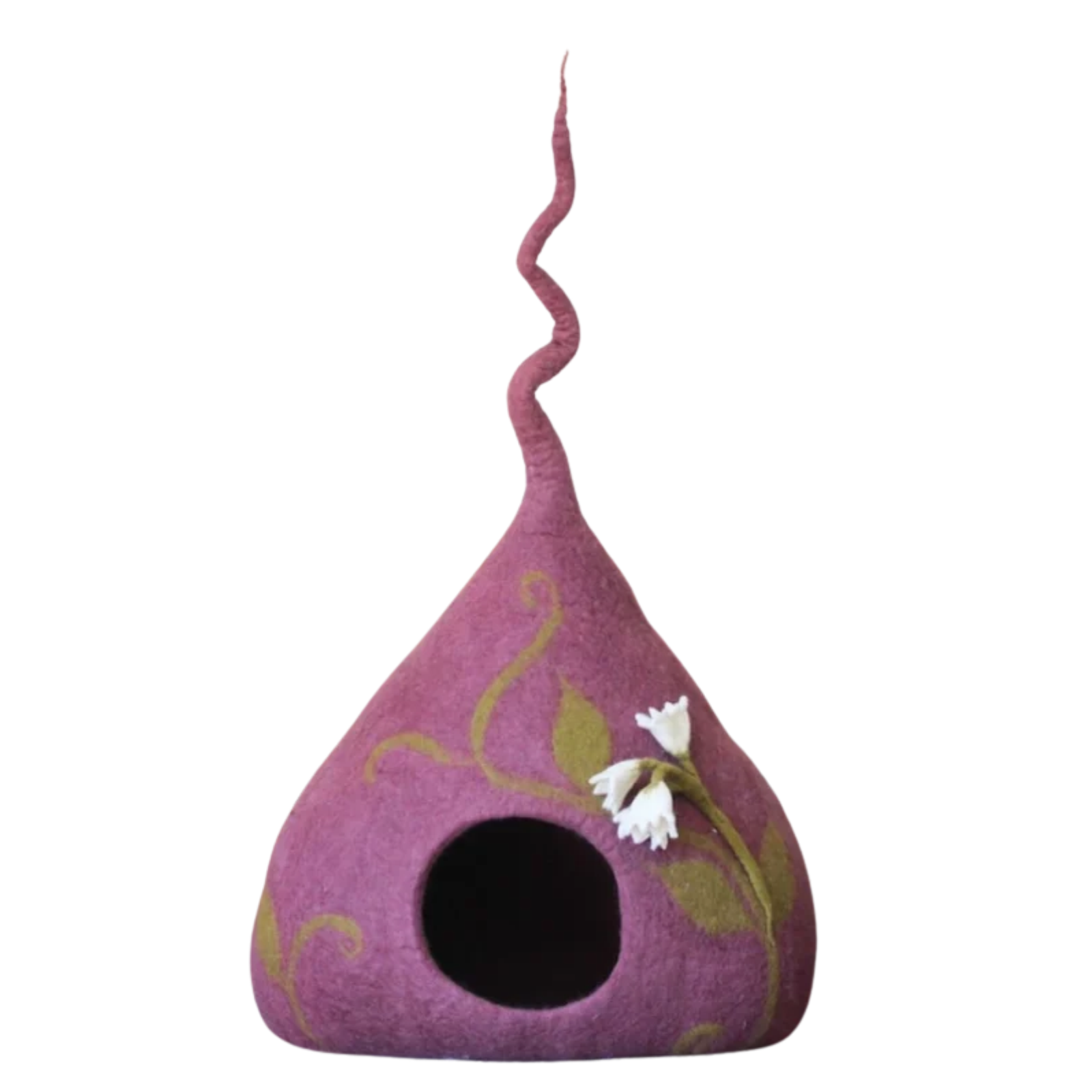 A purple cone-shaped felt pet cave with a green and white flower design on the side displayed on a white background.