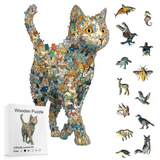 Cat-shaped collage puzzle made of small colorful cartoon cats displayed in a light wooden frame on a white background. There are pop-up images detailing the unique shapes of the puzzle pieces including a fox, bee, bird, and fish.