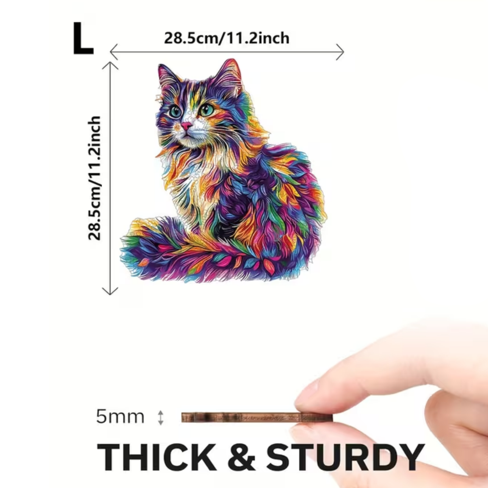 A multicolored puzzle shaped like a sitting longhaired cat displayed on a white background with measurement details and a pop-up image highlighting the thickness of the puzzle pieces.