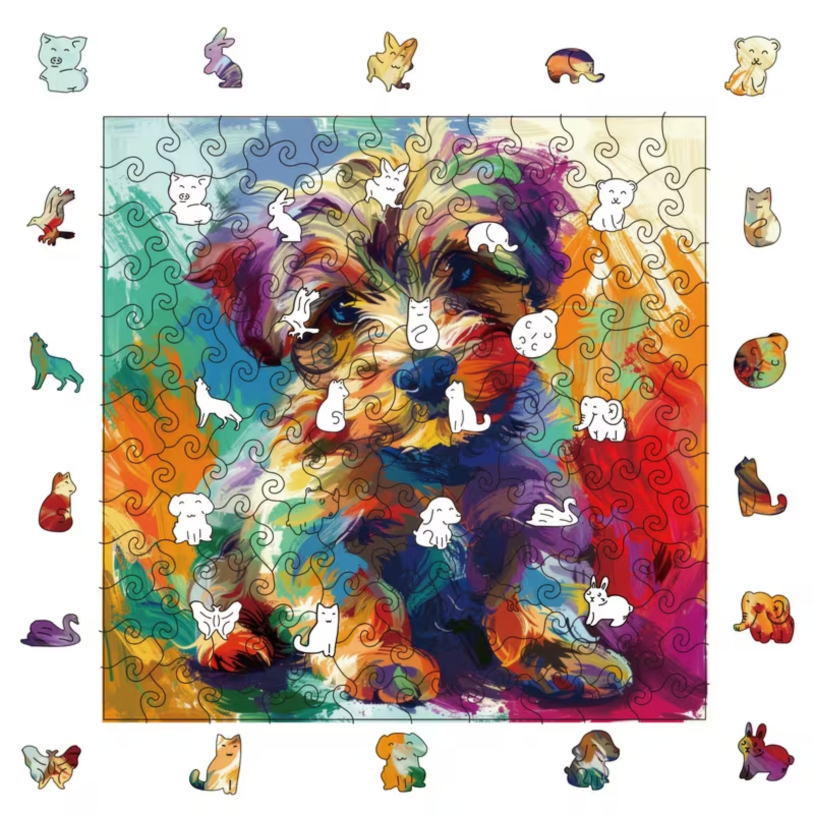 A multicolored puzzle of a Yorkshire Terrier puppy displayed on a white background. There are pop-up images highlighting the unique shapes of the puzzle pieces.