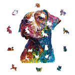 A multicolored puzzle shaped like a dog with floral detailing displayed on a white background. There are pop-up images highlighting the unique shapes of the puzzle pieces.