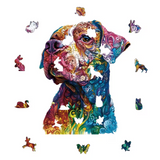 A multicolored puzzle shaped like a dog with floral detailing displayed on a white background. There are pop-up images highlighting the unique shapes of the puzzle pieces.