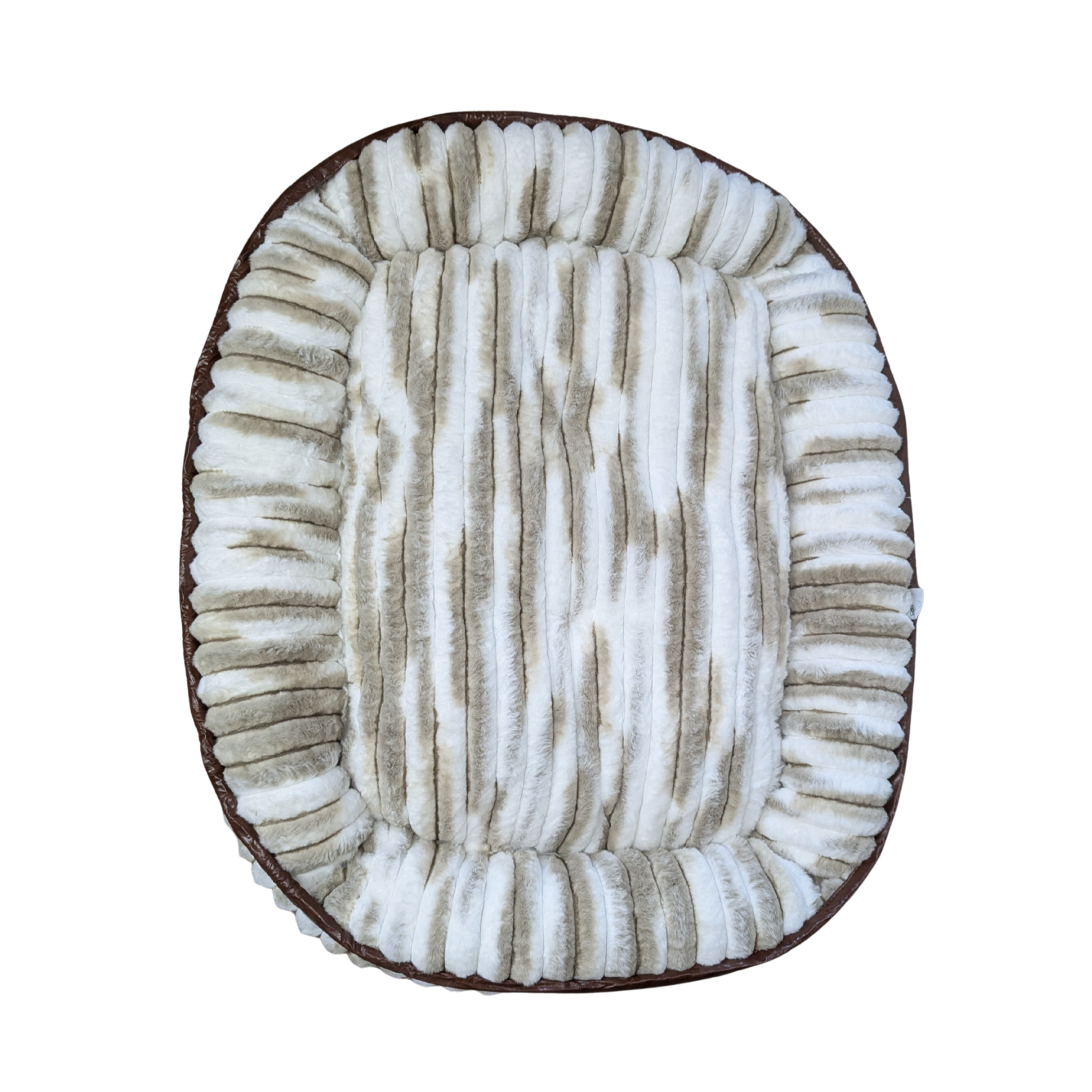 A brown and white textured pet bed with brown leather trim shown from above and displayed on a white background.