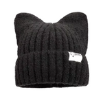A black colored knit hat with cat ears on the top and brand tag on the rim