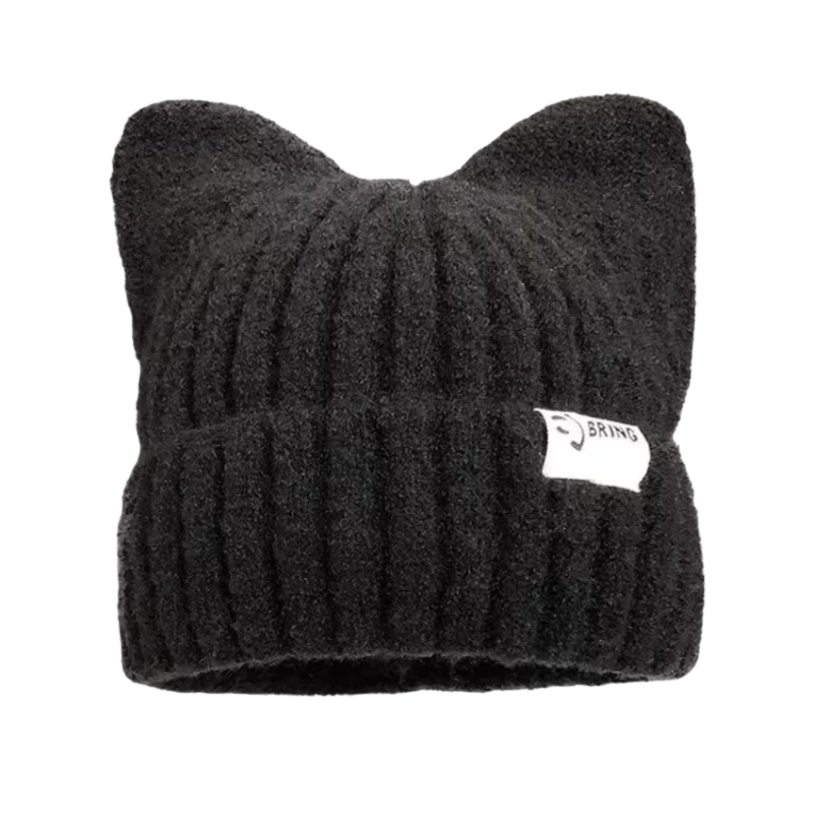 A black colored knit hat with cat ears on the top and brand tag on the rim