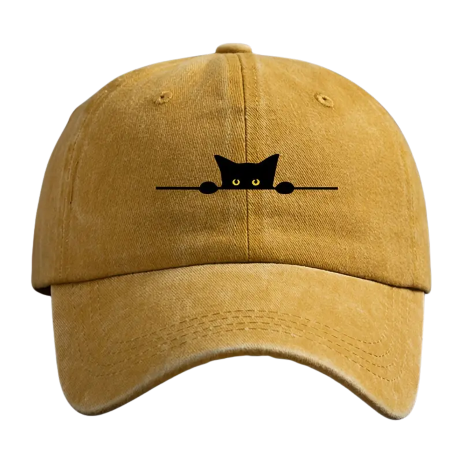 Yellow cap with a black cat illustration on a white background