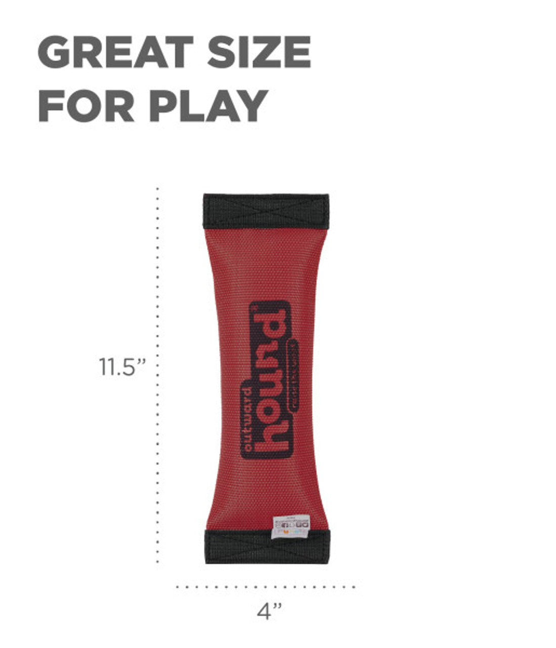 Red dog toy with black text and measurements on a white background