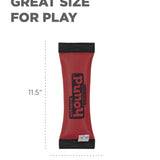 Red dog toy with black text and measurements on a white background