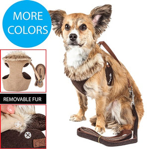 Pet Life Luxe Furracious 2in1 Brown Removable Fur Collar Harness-Leash
