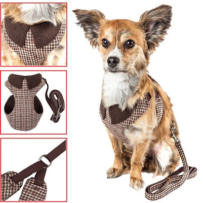 Pet Life Luxe Houndsome 2in1 Brown Revers Plaid Collar Harness-Leash*