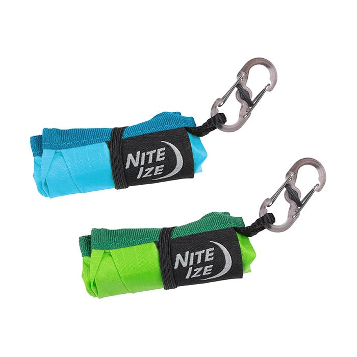 Two Nite Ize Raddog collapsible dog bowls in blue and green, with a metal S-Biner clip and a black strap.