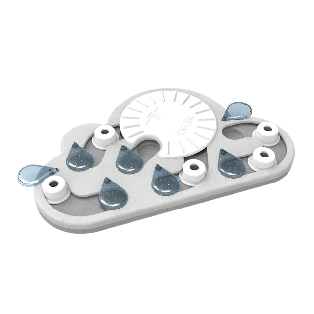 Interactive cat toy resembling a rainy day scene with pegs and rain drops, containing hidden treat compartments.